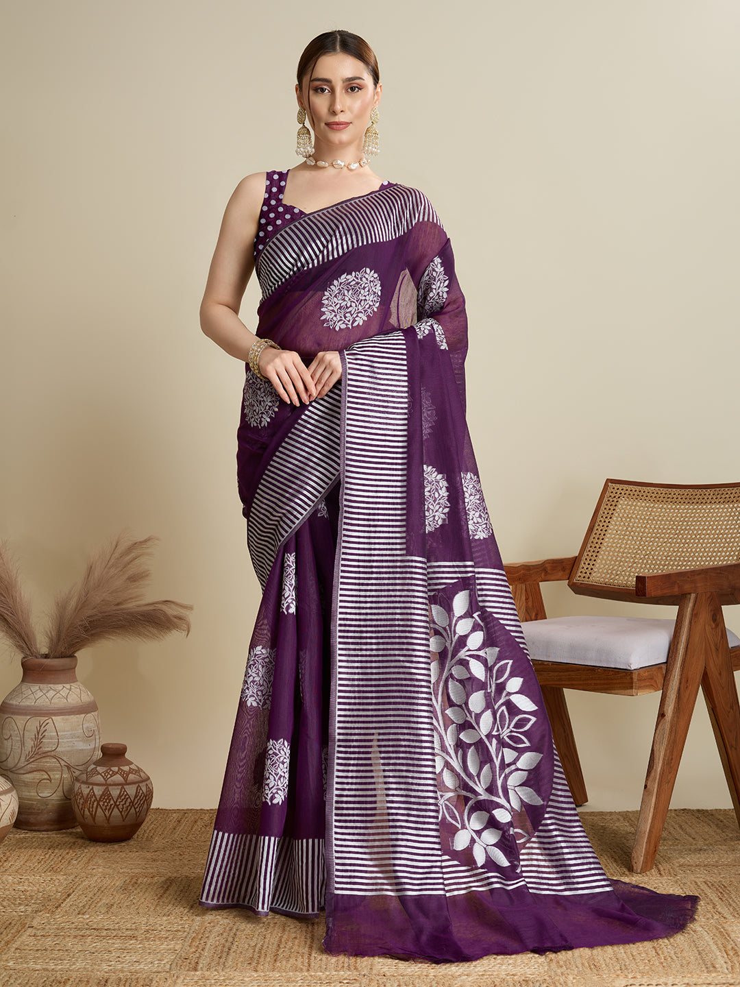 Deep purple soft silk saree with Bas weaving and jari detailing