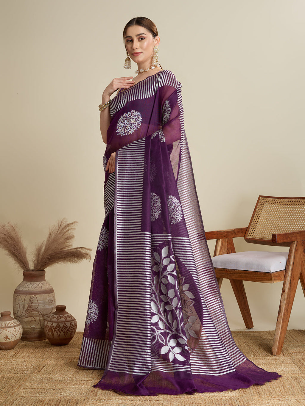 Deep Purple Soft Silk Saree with Bas Weaving and Unstitched Blouse