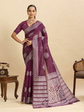 Dark purple soft silk Banarsi saree with Jari weaving and unstitched blouse