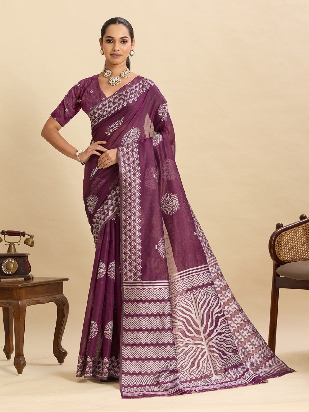 Dark purple soft silk Banarsi saree with Jari weaving and unstitched blouse