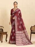 Maroon soft silk Banarsi saree with jari weaving work and unstitched blouse