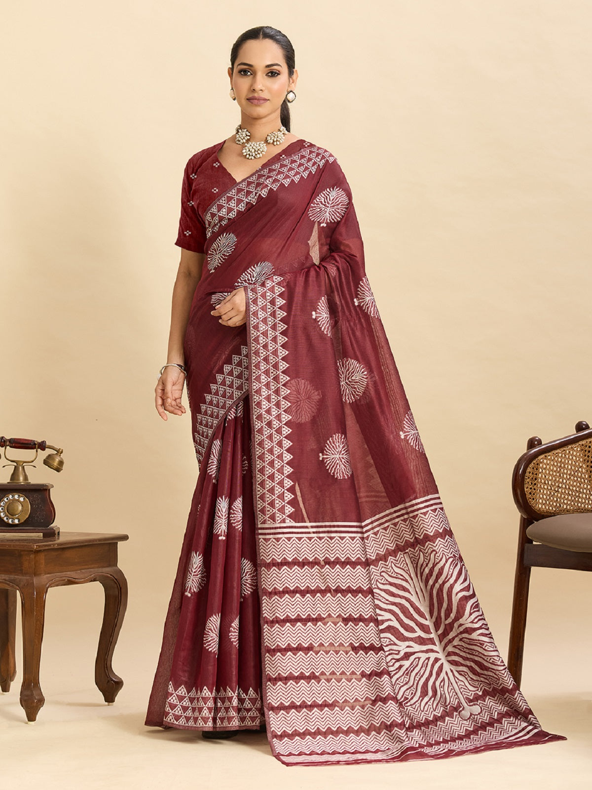 Maroon soft silk Banarsi saree with jari weaving work and unstitched blouse