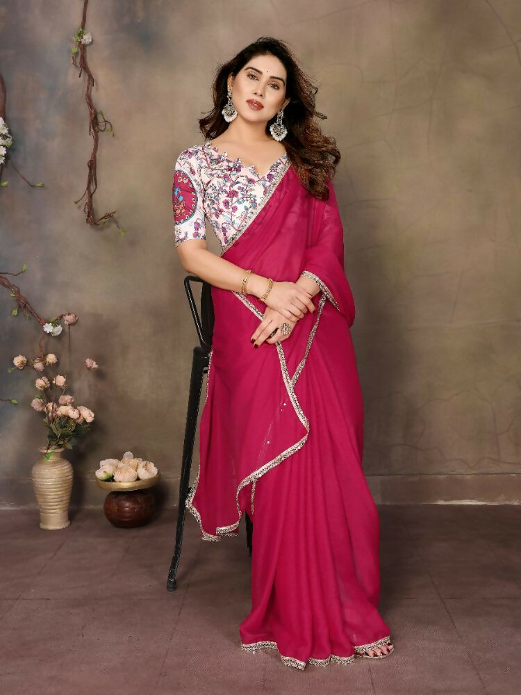 PR Fashion Pink Star Georgette Solid Georgette With Mirror Border Saree