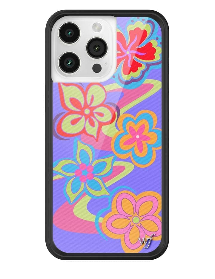 Surf's Up iPhone case with vibrant floral pattern and swirls on a black rubber bumper