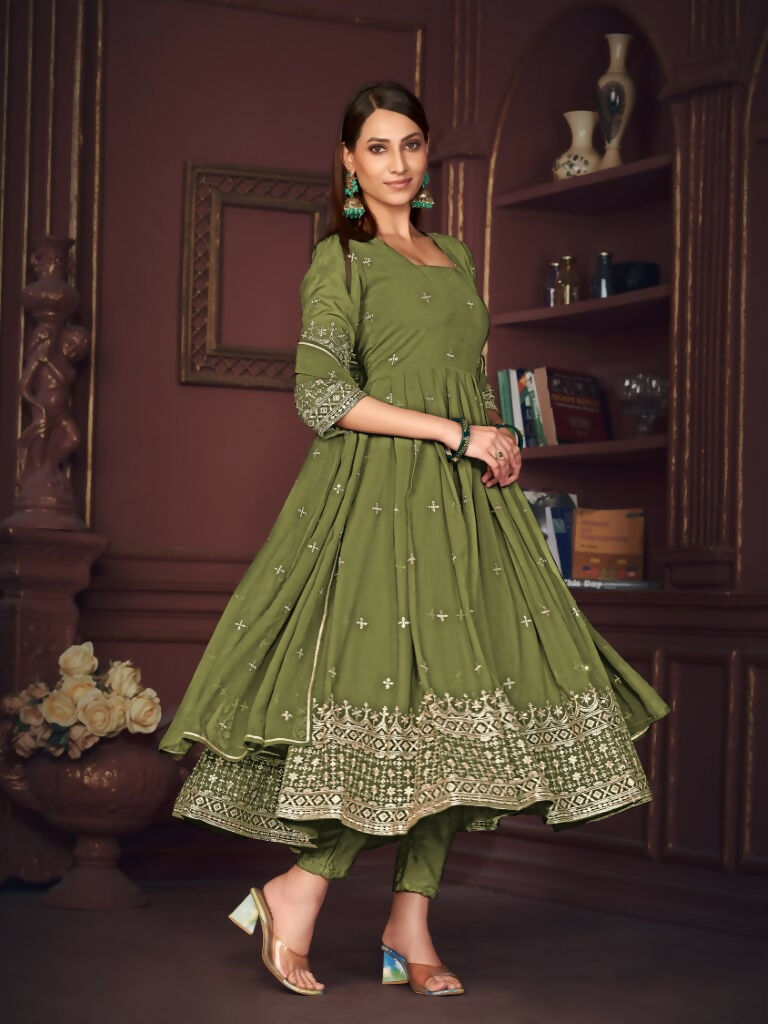 Women's Olive Green Georgette Embroidered Anarkali Kurta Pant Set