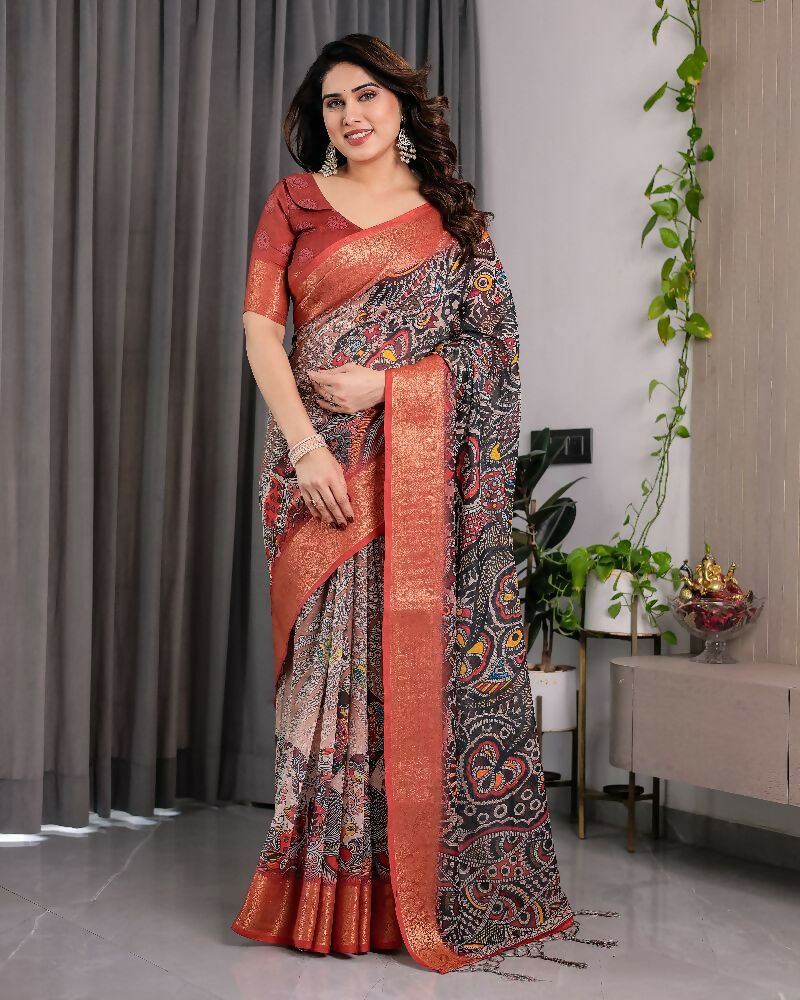 Black Pure Handloom Linen Saree with Matching Blouse Piece