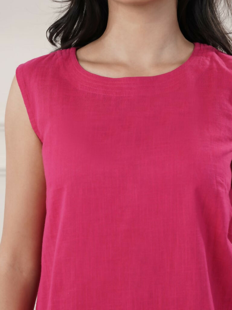 Women's Fuchsia Cotton Yoga Set Sleeveless Boat Neck 2-Piece