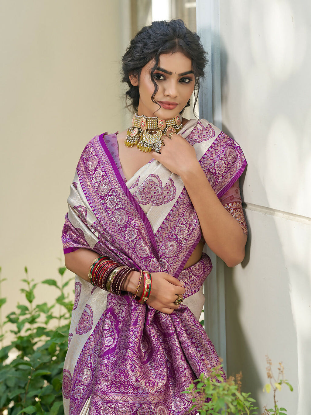 Cream and Purple Silk Blend Saree Elegant Traditional Style