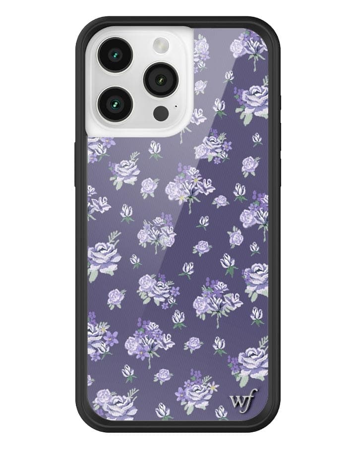 Sugar Plum Floral iPhone case with purple background, lilac rose pattern, and black protective rubber bumper.