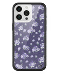 Sugar Plum Floral iPhone case with purple background, lilac rose pattern, and black protective rubber bumper.