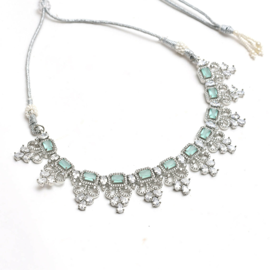 Silver-Plated American Diamond Pista Green Choker Necklace Set