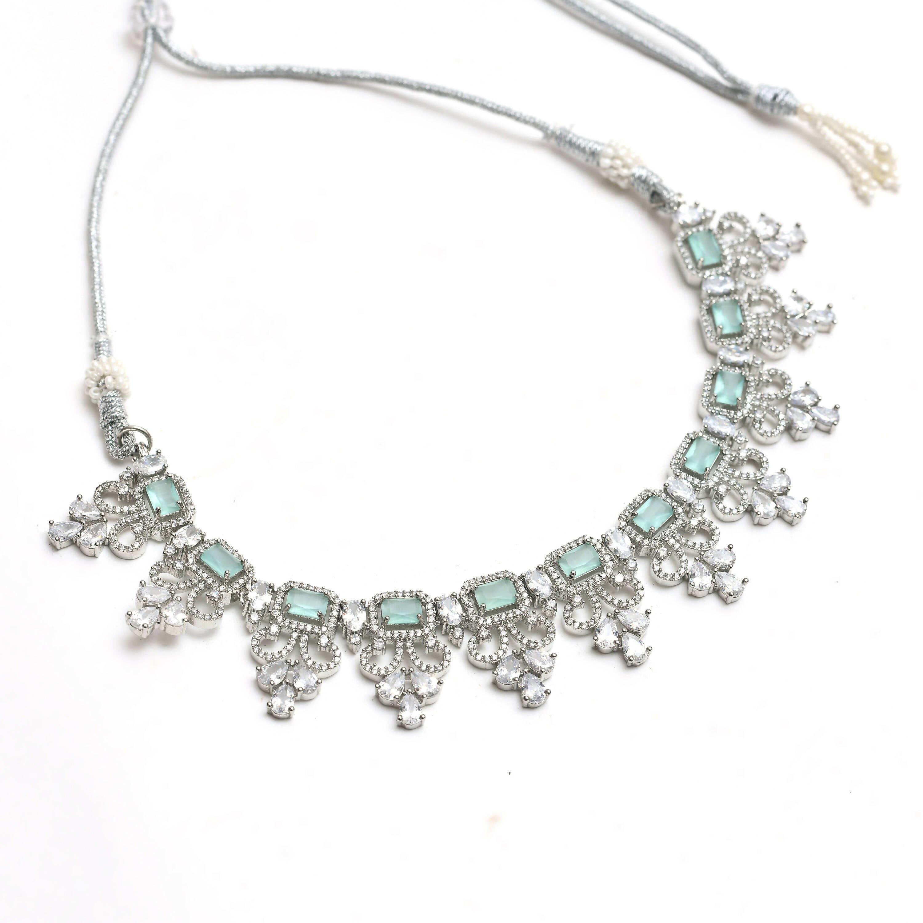 Silver-Plated American Diamond Pista Green Choker Necklace Set