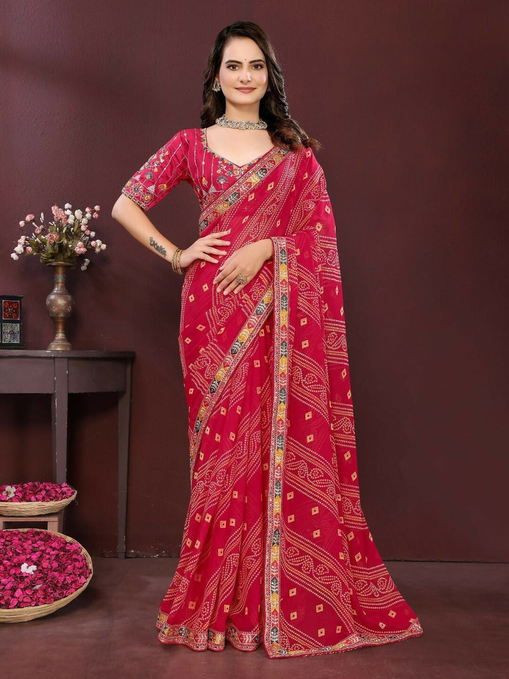 Elegant magenta georgette saree featuring digital print details with matching blouse
