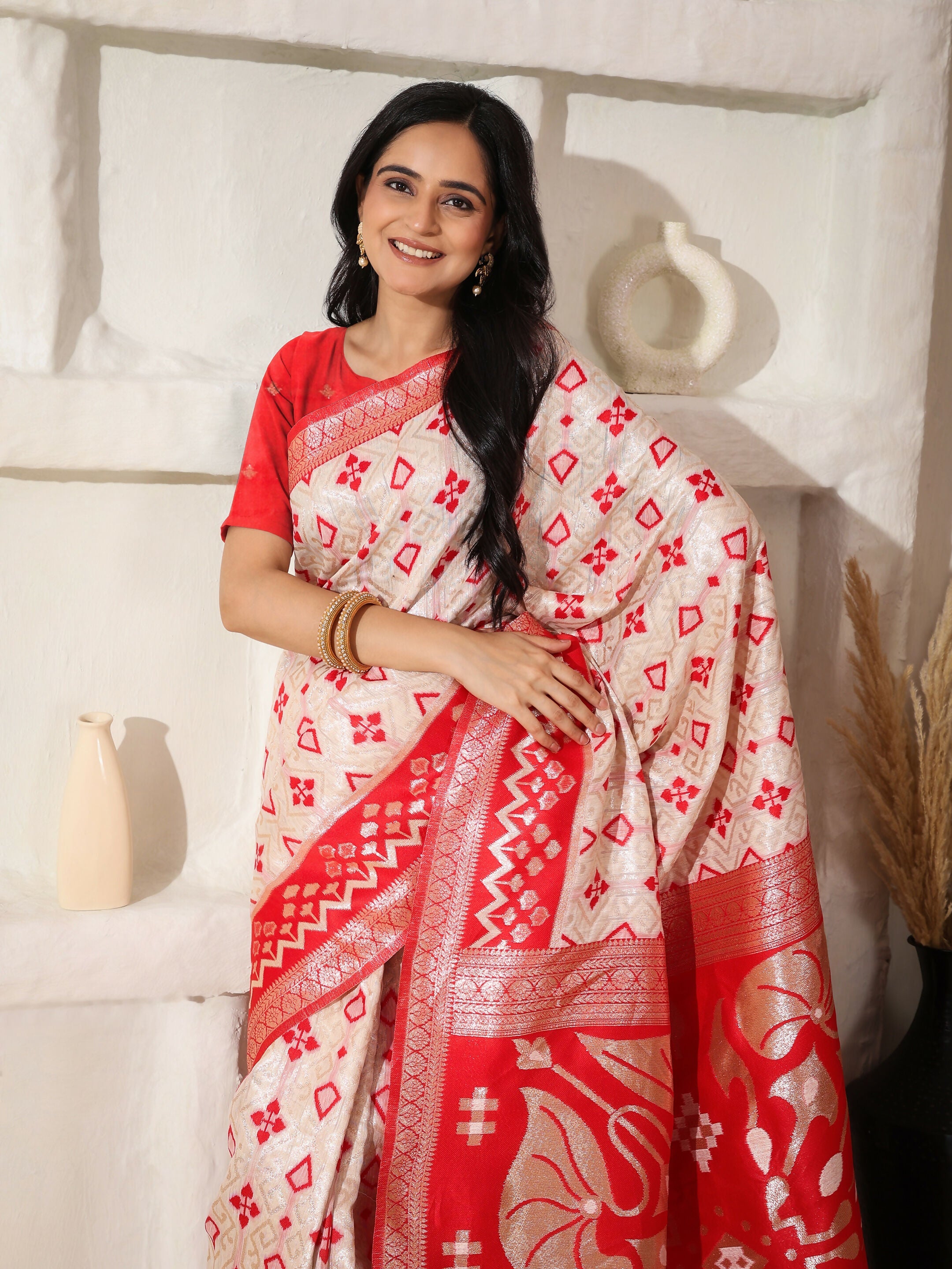 Red and White Linen Cotton Saree with Matching Blouse