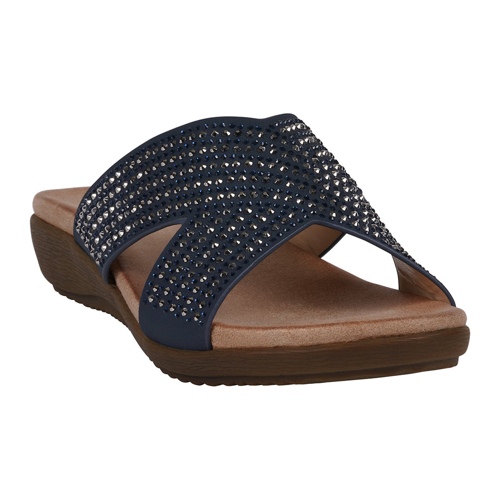 Sharlene navy flat sandals with sparkling crisscross strap embellishments