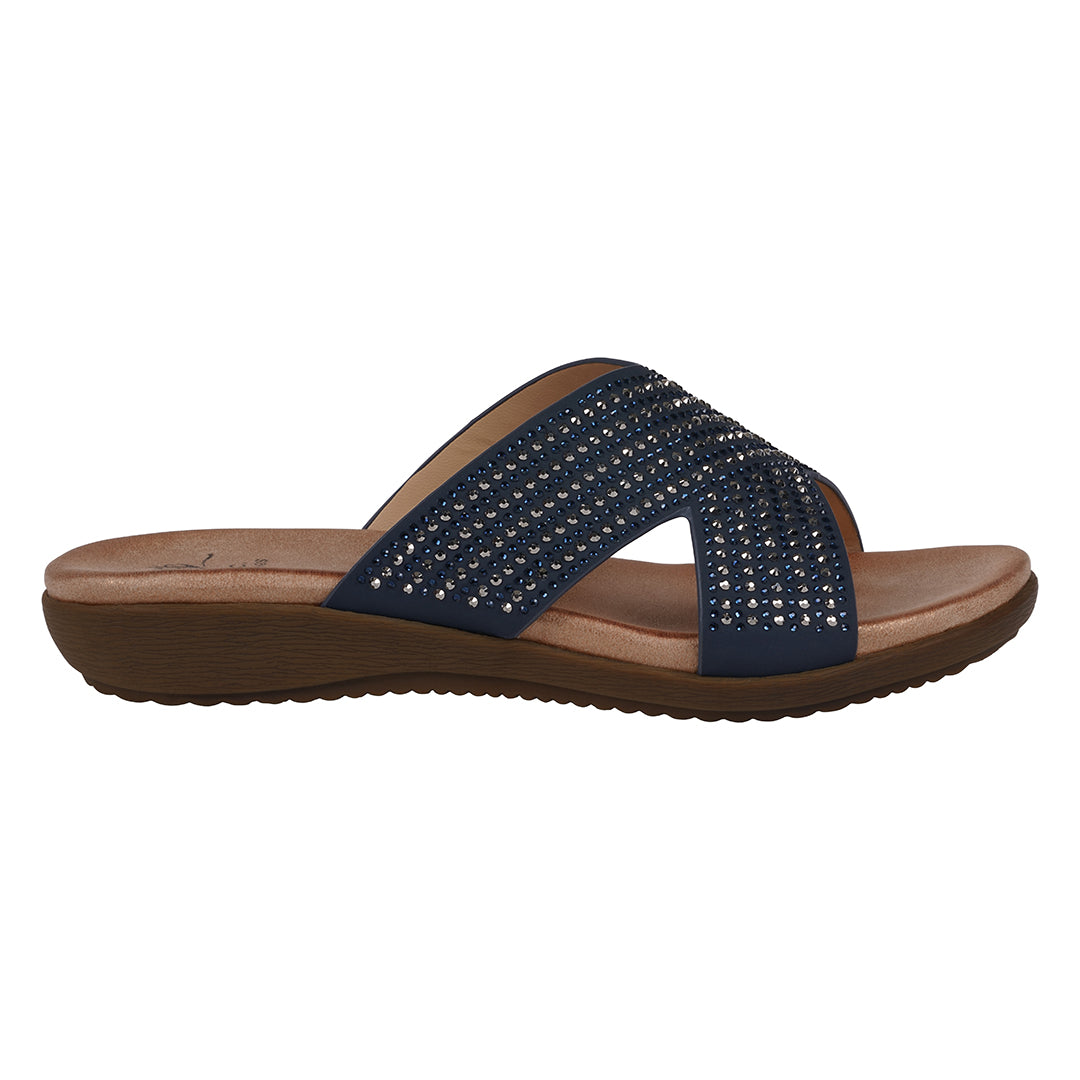 Women's Sharlene Navy Embellished Cross-Strap Flat Sandals