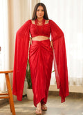 Red Chinon silk Indo-Western suit with intricate bead embellishments for festive events