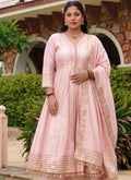 Baby-pink cotton silk kurta with gota detailing and matching palazzo pants for festive events
