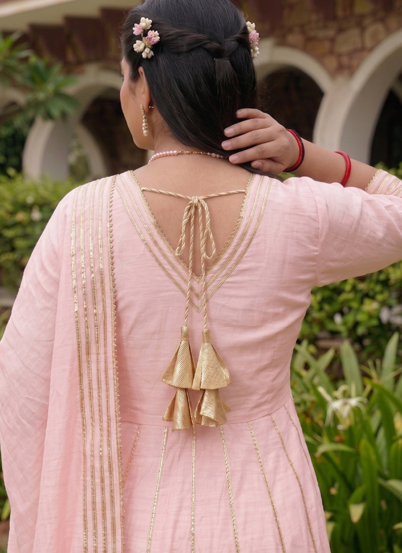 Baby-Pink Gota Cotton Silk Palazzo Suit for Festive Occasions