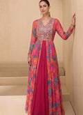A beautiful multicolored georgette gown suit with a V-neck, perfect for festive wedding events.