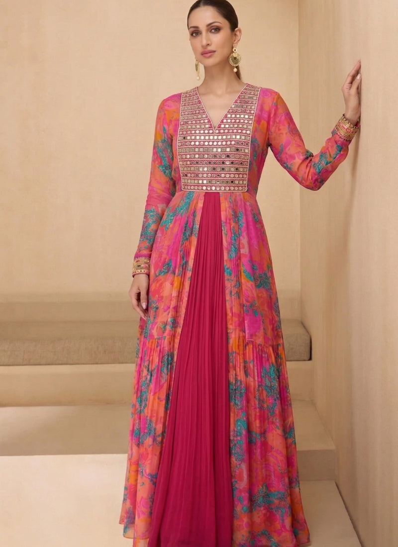 A beautiful multicolored georgette gown suit with a V-neck, perfect for festive wedding events.