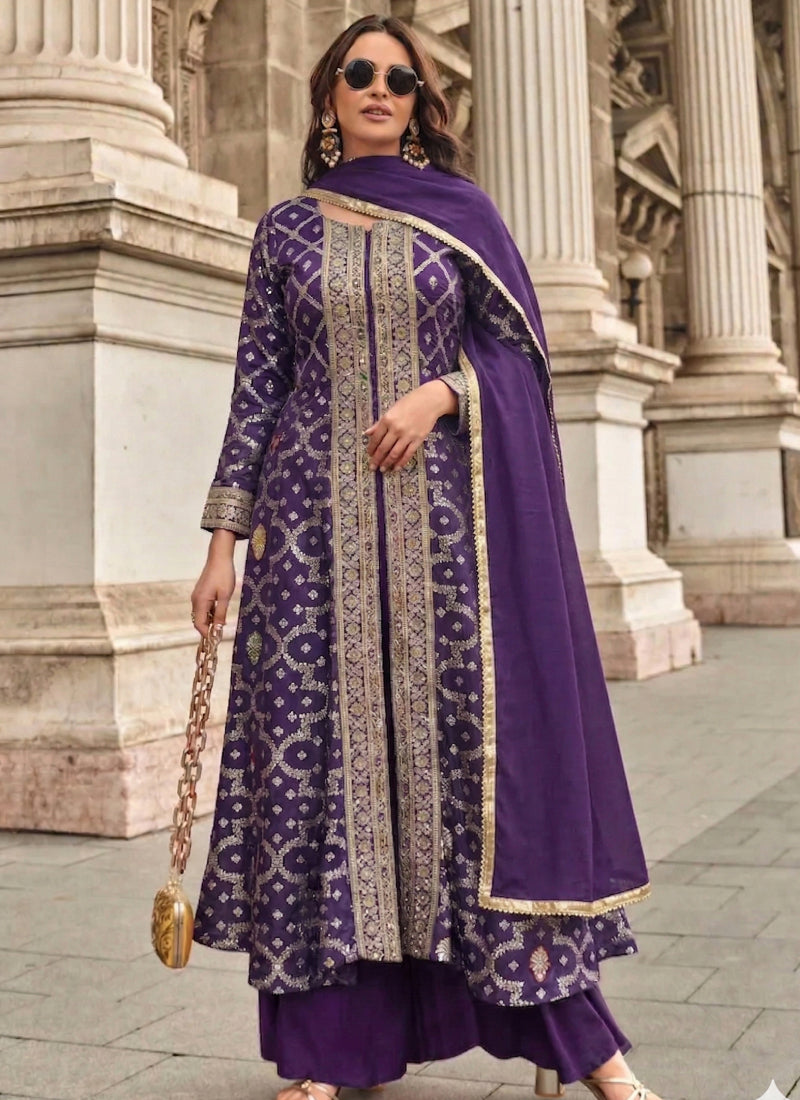 Purple Zari Jacquard Anarkali Suit with elegant metallic thread work