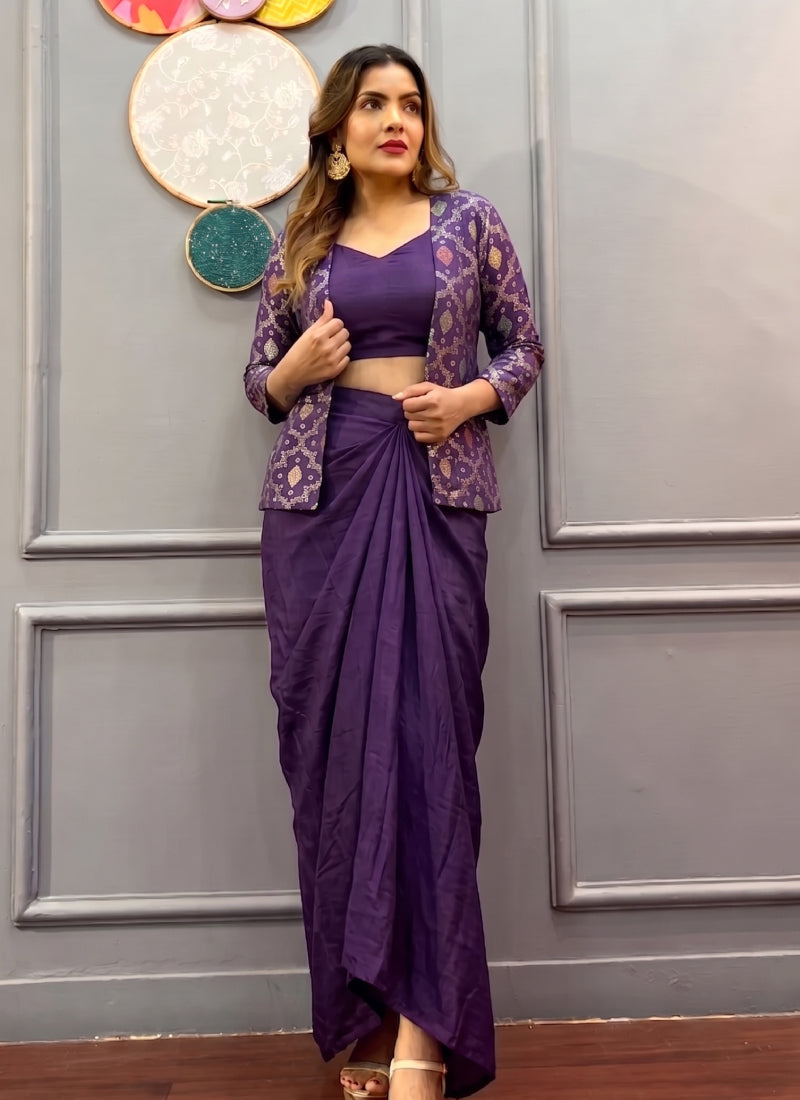 Purple Indo Western suit featuring brocade and Chinon silk fabric