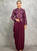Wine colored Anarkali suit made of brocade and georgette fabric for festive occasions