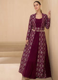 Wine Brocade Jacquard Indo Western Suit with 48-inch kurta length