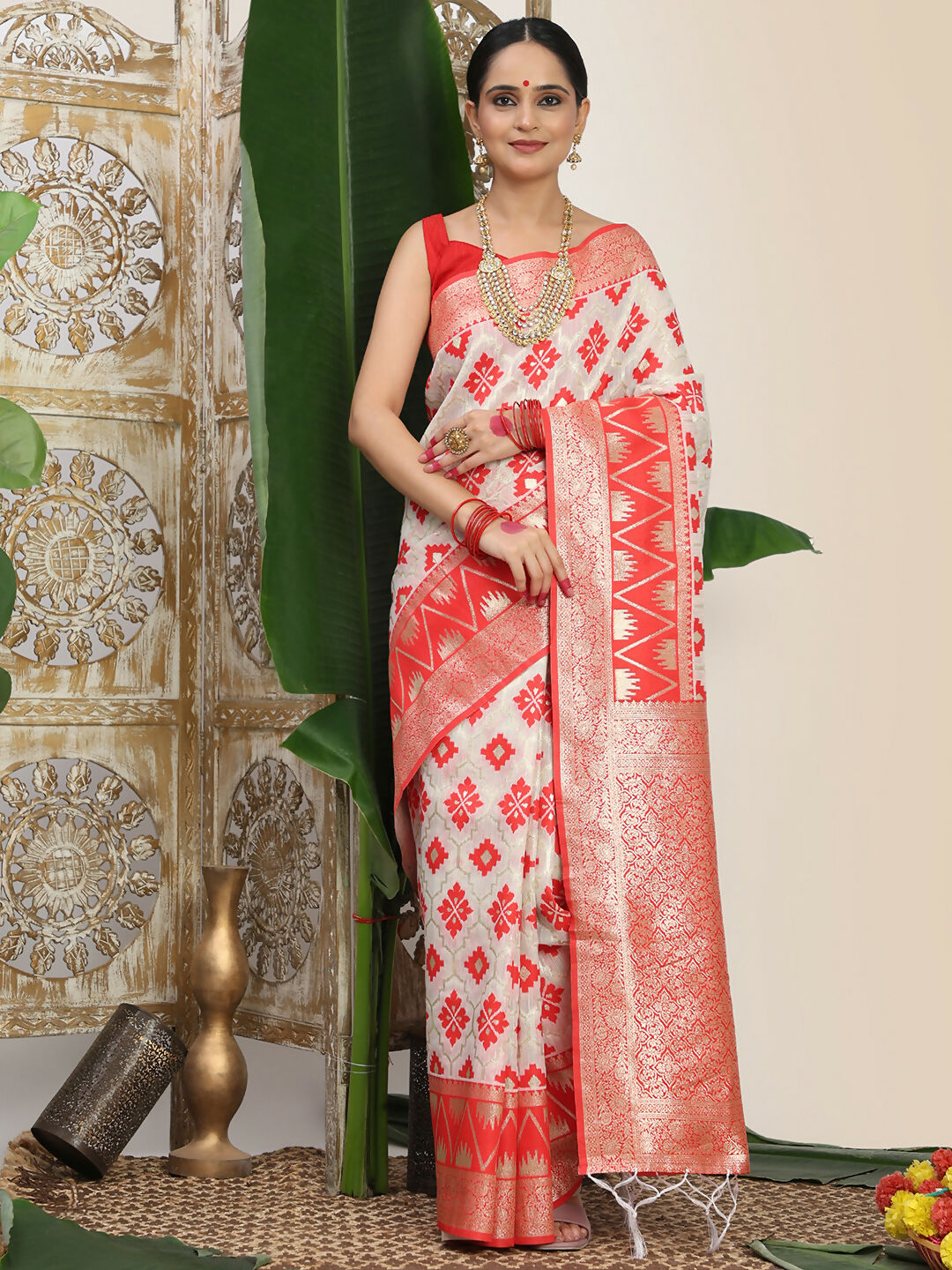 Red and White Linen Cotton Saree with Matching Blouse