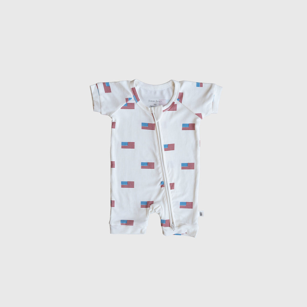Shortie Bamboo Zip Romper in Americana Ribbed Print