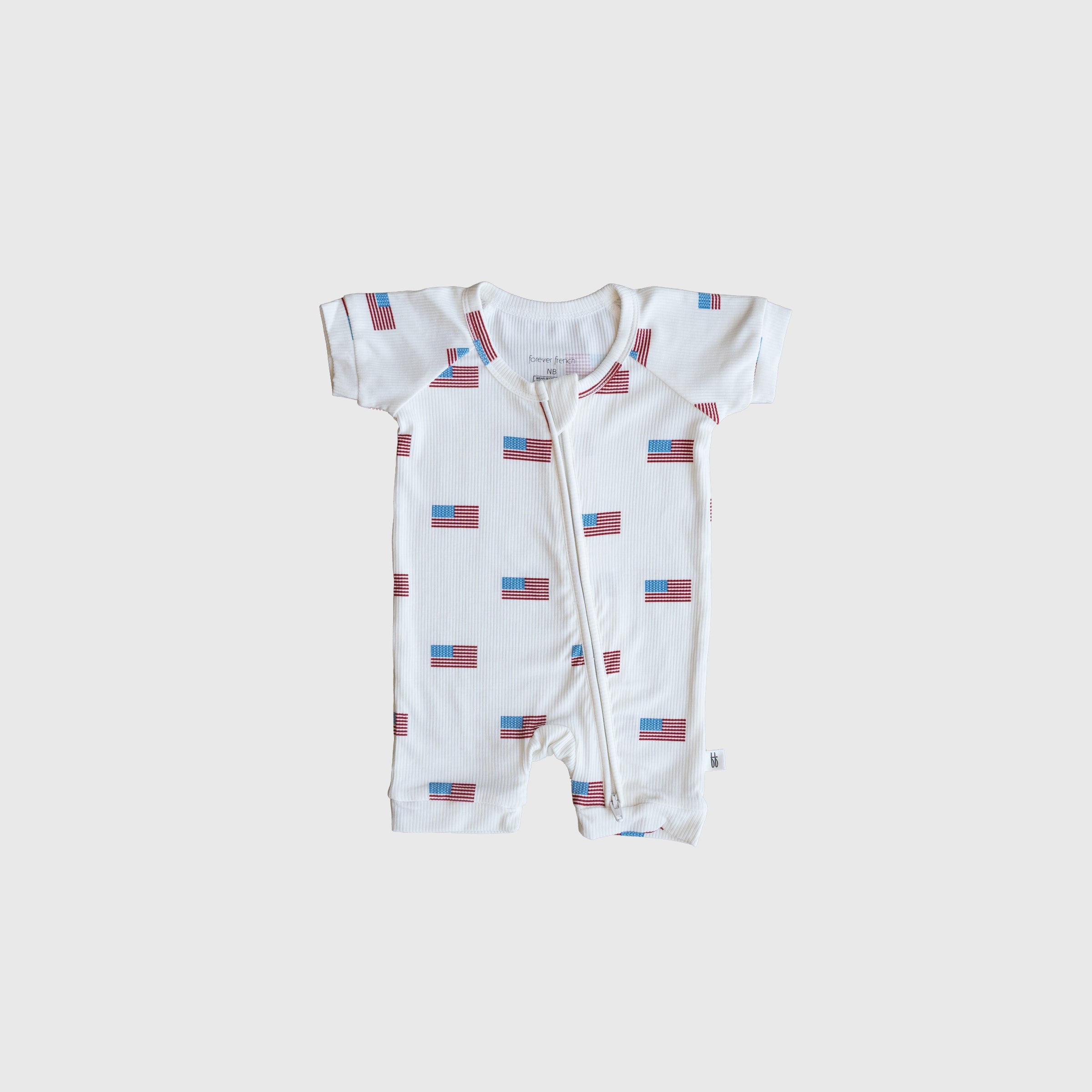 Shortie Bamboo Zip Romper in Americana Ribbed Print