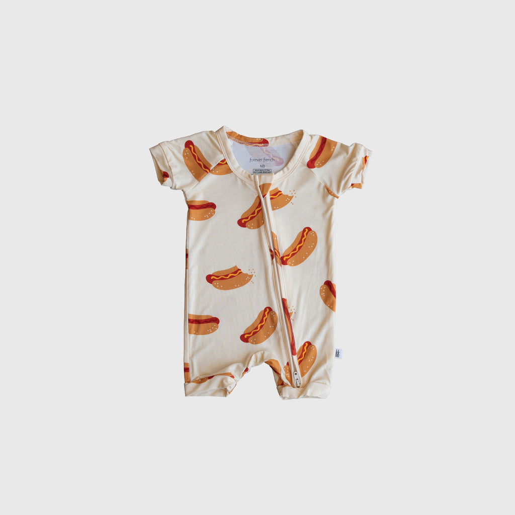Shortie Bamboo Zip Romper for Babies in Hot Dogs Print