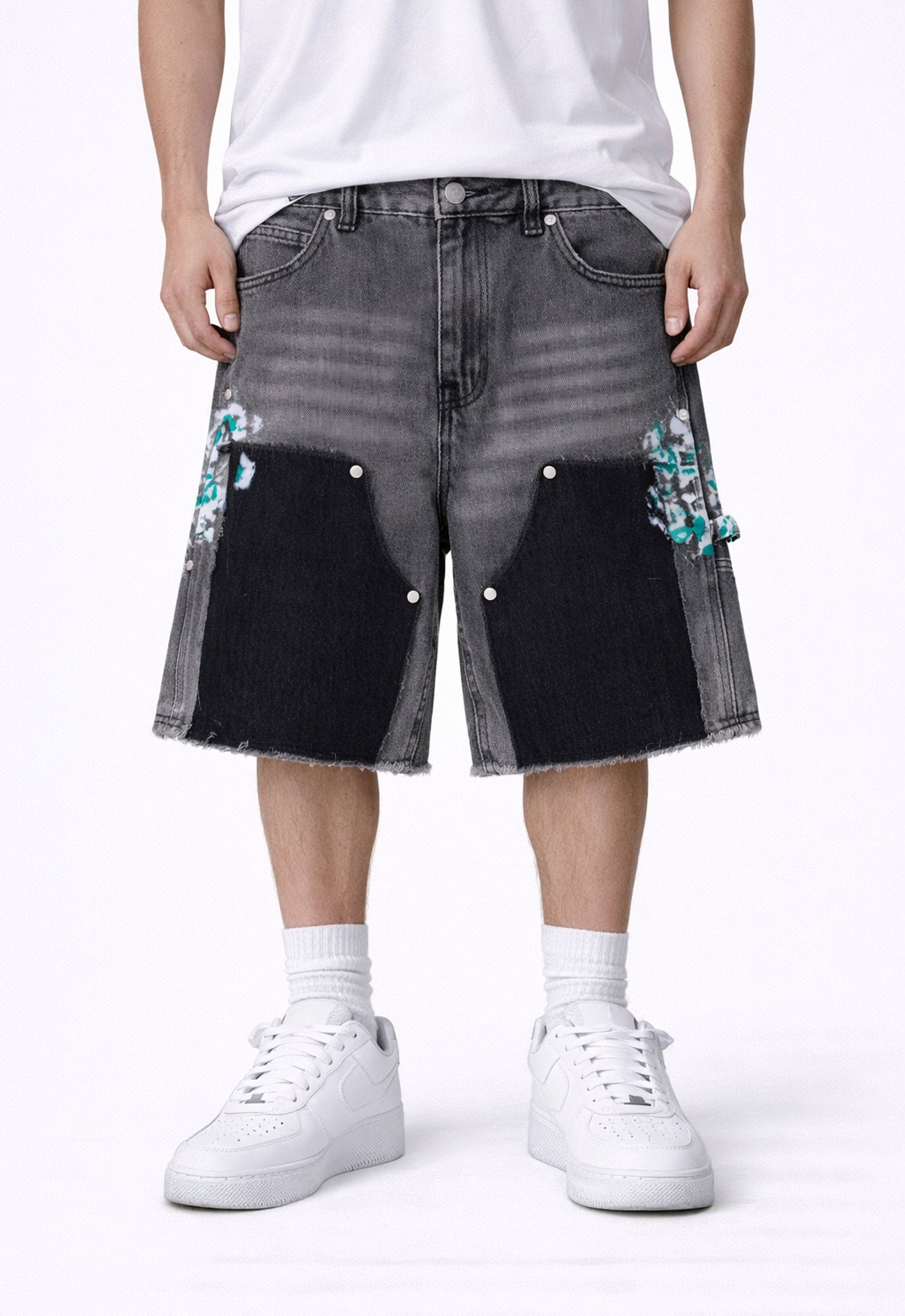GREY SPLIT PAINTERS SHORTS