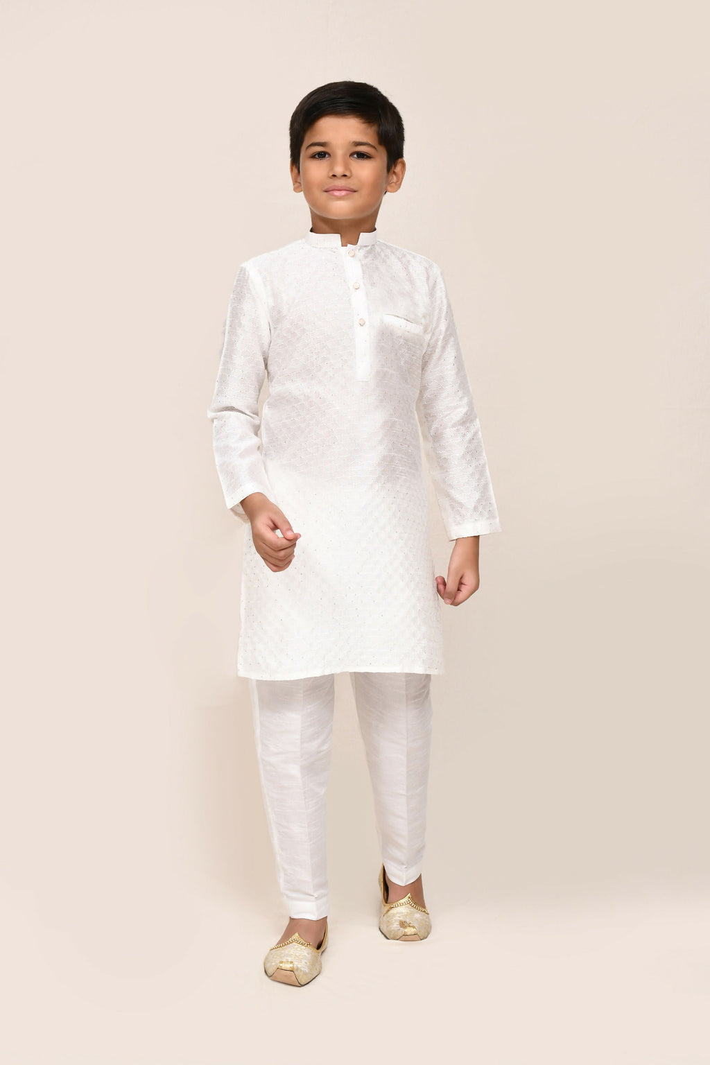 White Art Silk Kurta Set with Straight Fit Pants