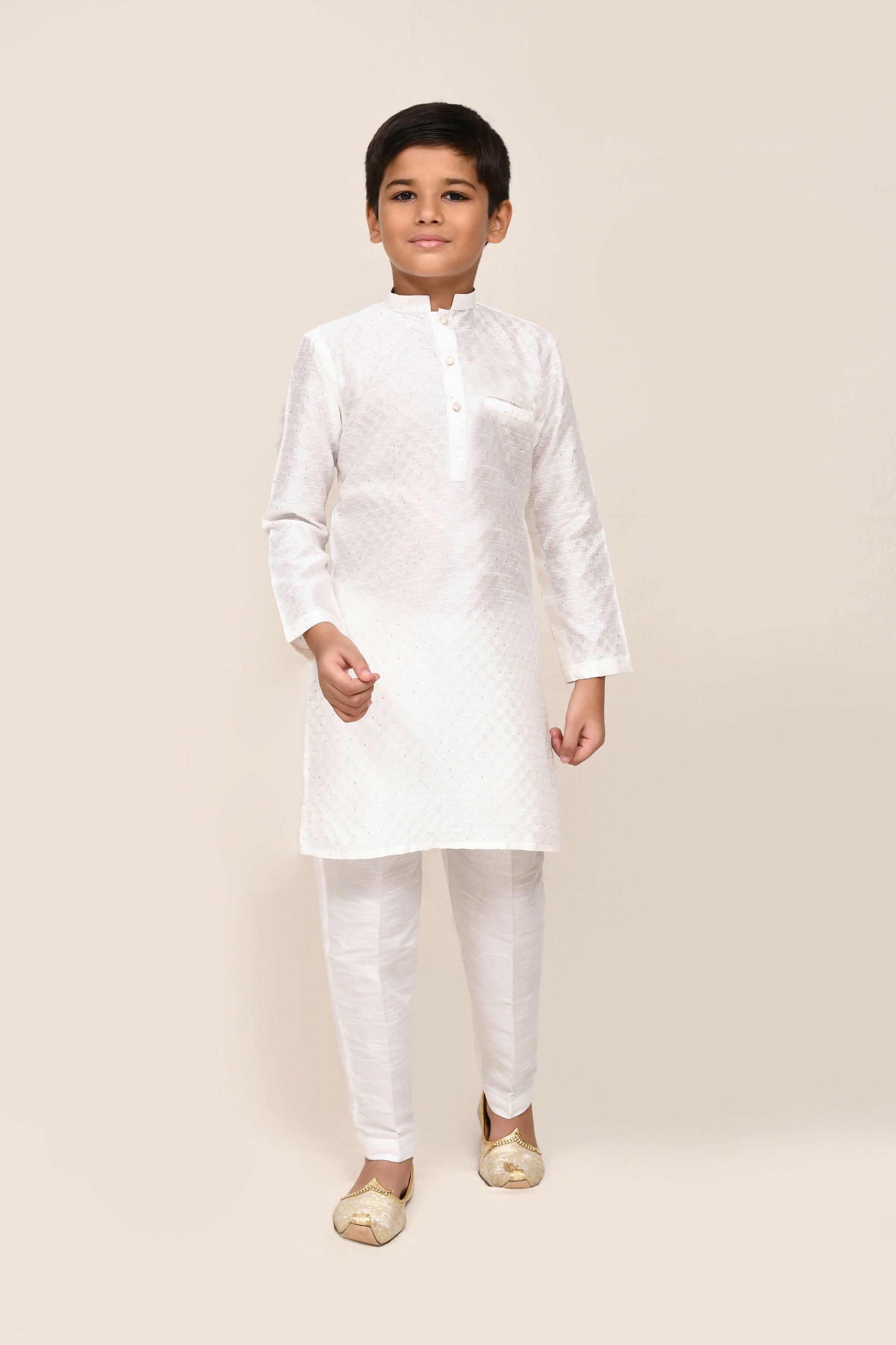White Art Silk Kurta Set with Straight Fit Pants