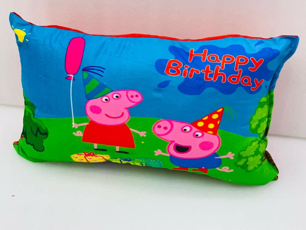 Happy Bday Peppa Pig decorative throw cushion for kids in vibrant pink, blue, and green colors.