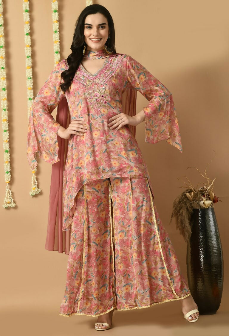Rose Gold Chinnon Kurta Set with Organza Dupatta