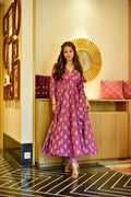 Women's purple cotton silk kurta pant set with heavy digital print and flared silhouette