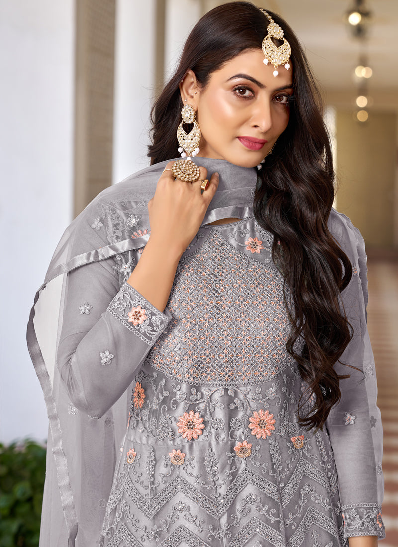 Grey Butterfly Net Embroidered Designer Anarkali Suit