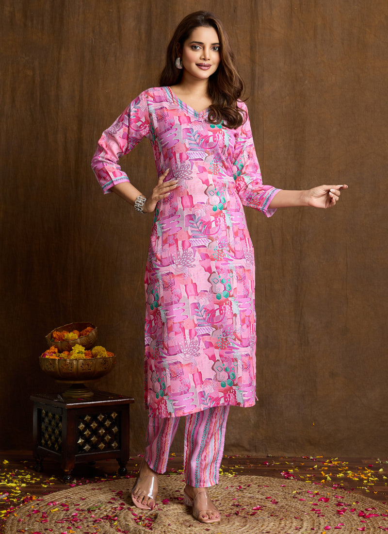 Light Pink Printed Cotton Blend Kurta Pant Set