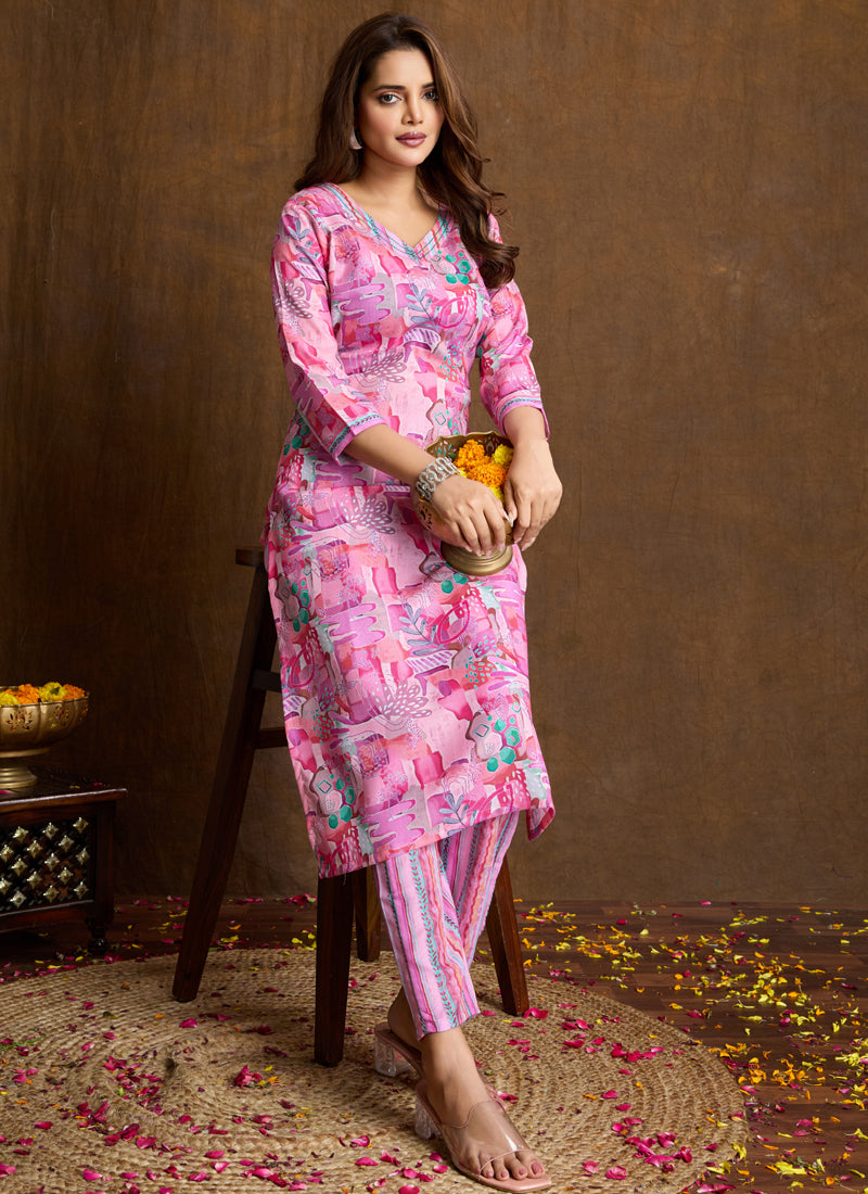 Light Pink Printed Cotton Blend Kurta Pant Set