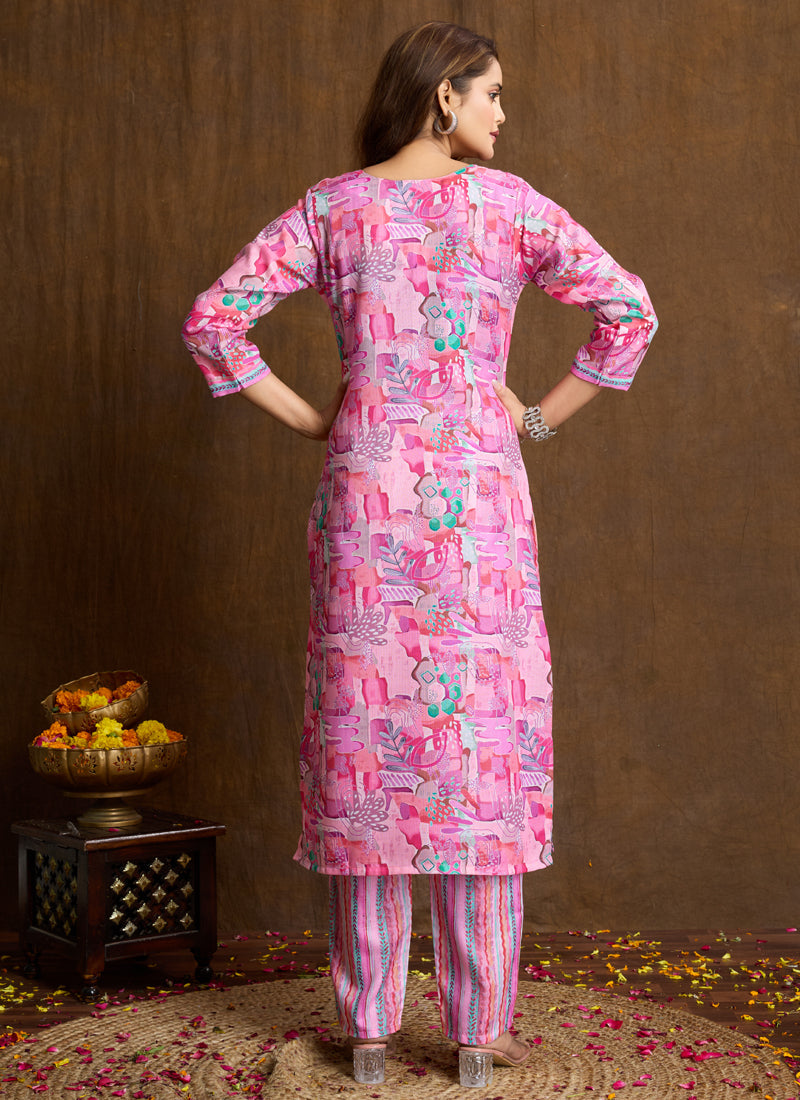 Light Pink Printed Cotton Blend Kurta Pant Set