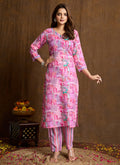 Light pink printed cotton blend kurta and trouser set