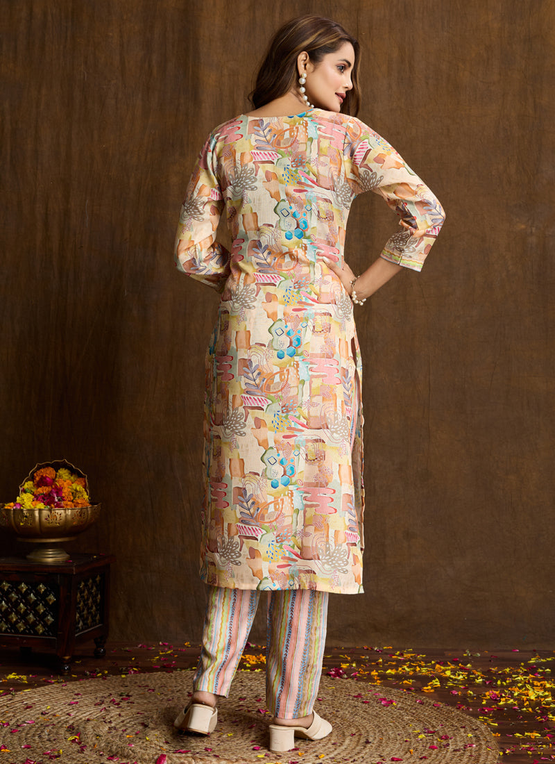 Cream Printed Cotton Blend Kurta Pant Set Ethnic Wear