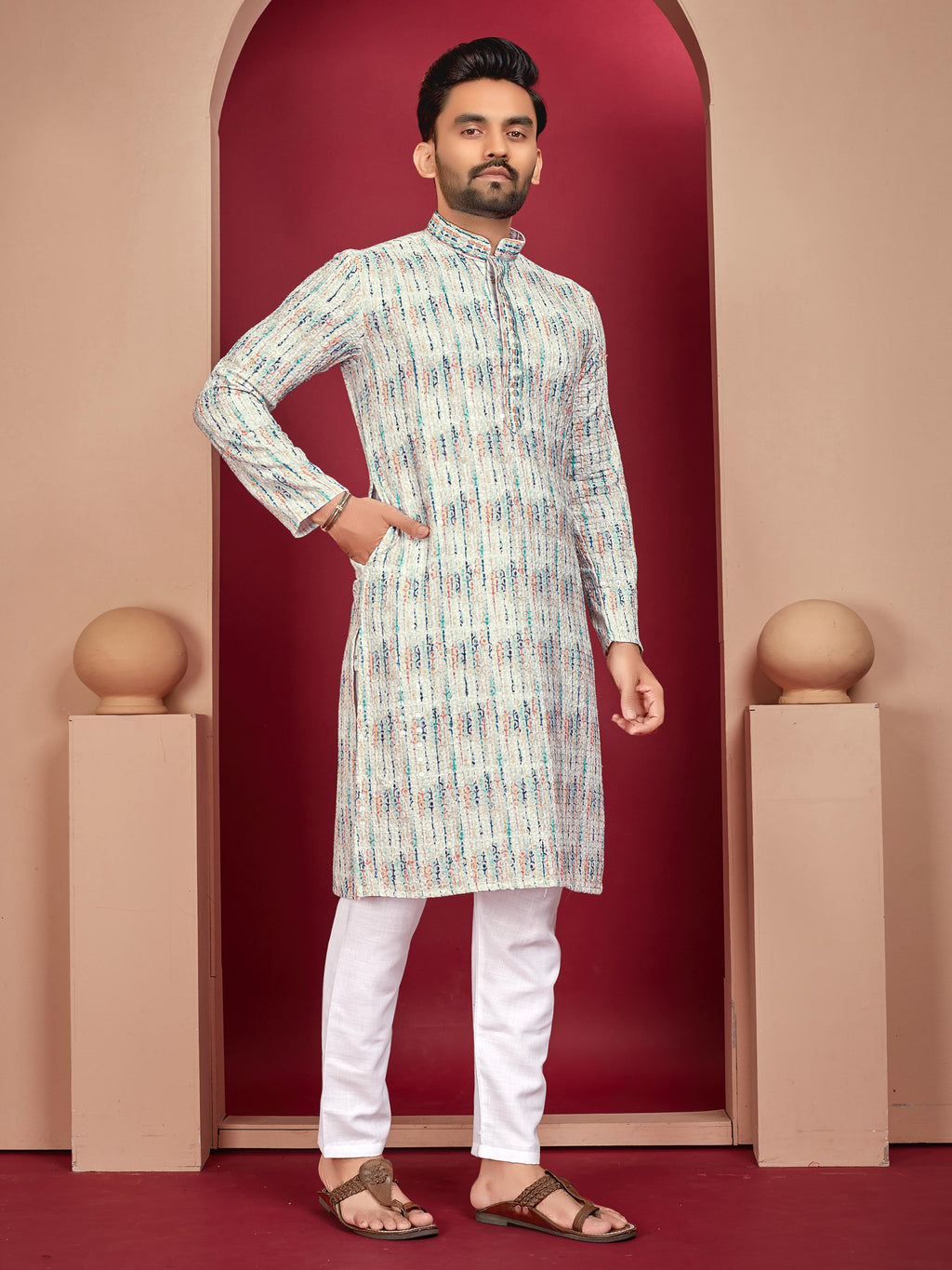 Men's off white rayon kurta with traditional Lucknowi embroidery