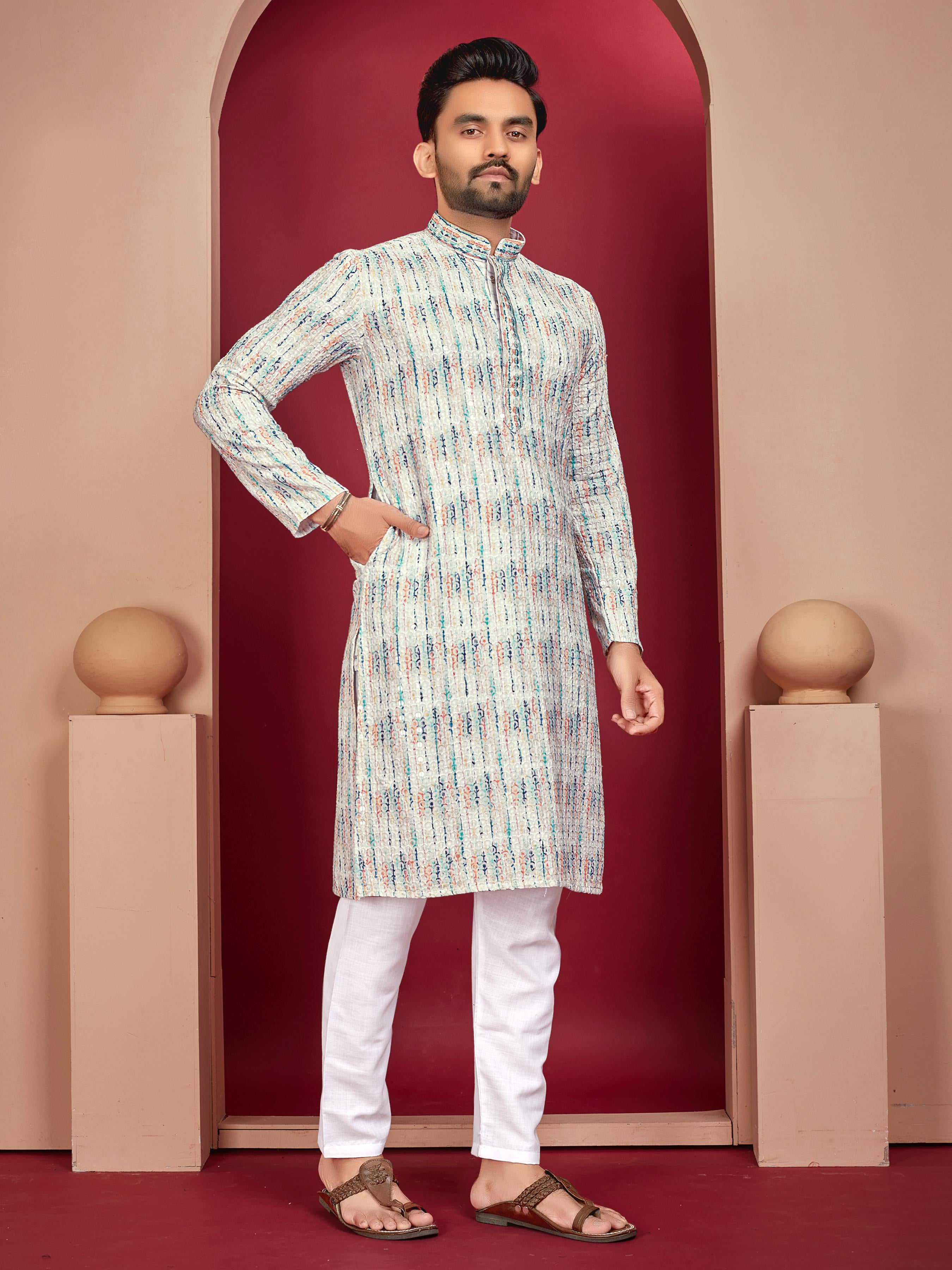 Men's off white rayon kurta with traditional Lucknowi embroidery