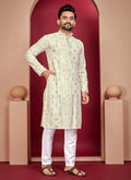 Off-white men's kurta with traditional Lucknowi embroidery