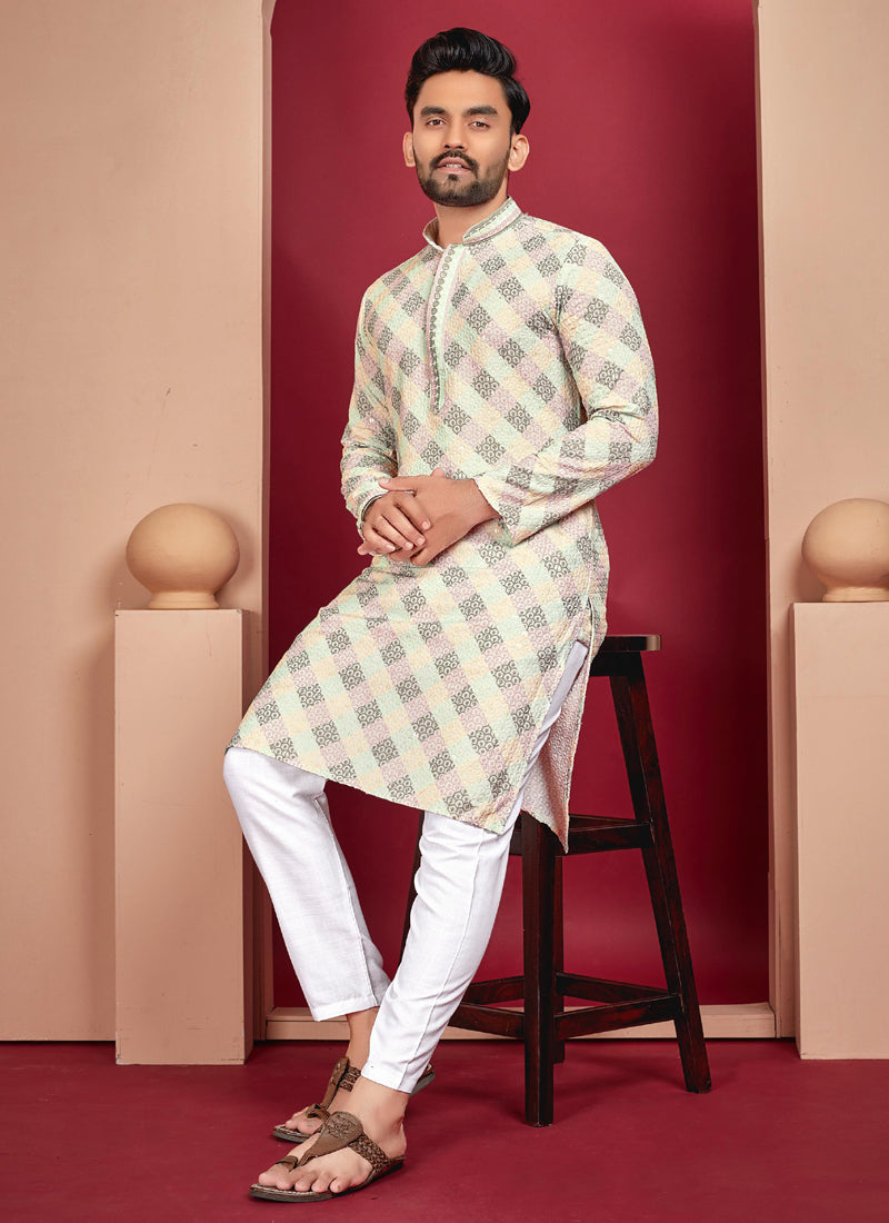 Men's off white rayon kurta featuring traditional Lucknowi embroidery.