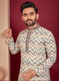 Front view of an off-white men's rayon kurta with traditional Lucknowi stitching.